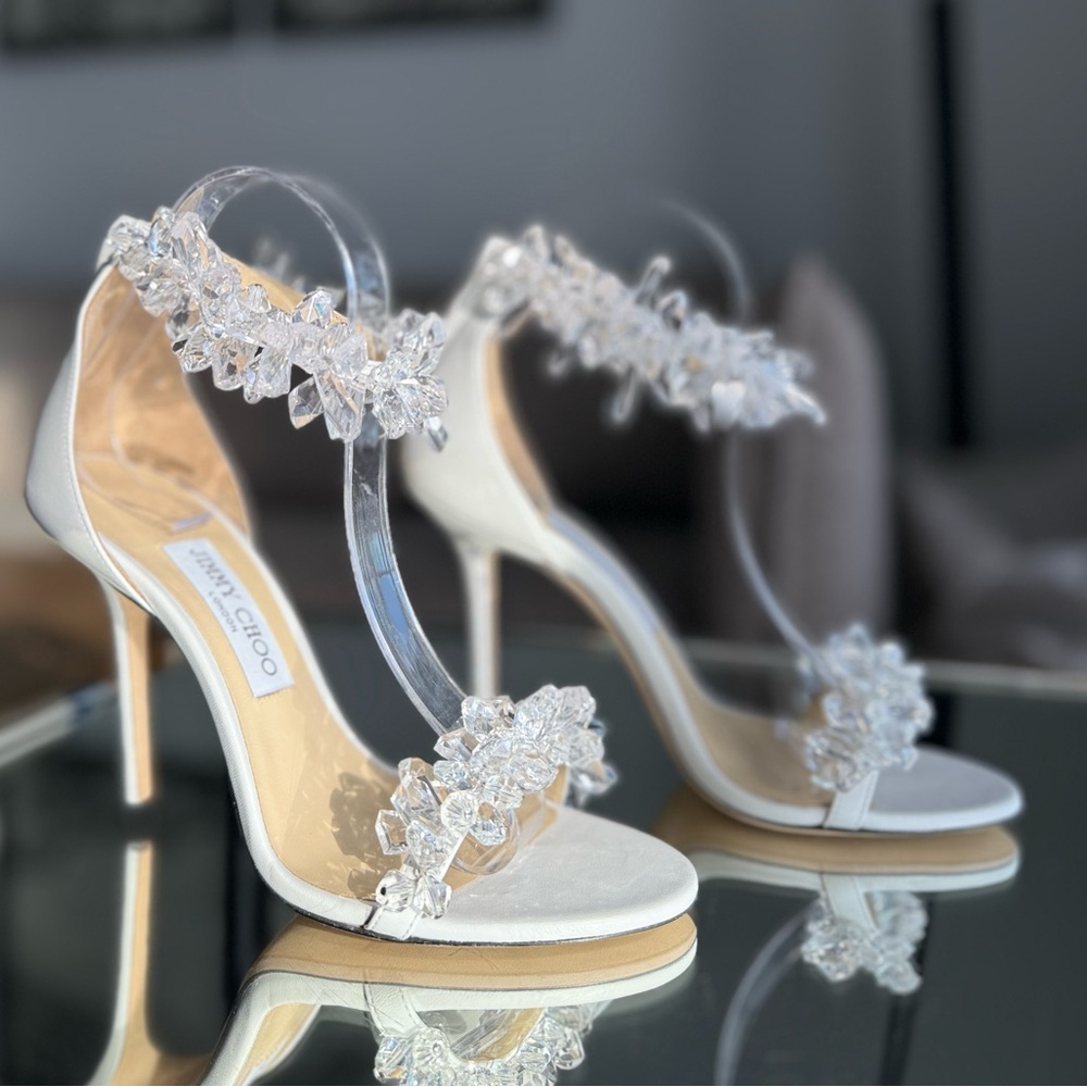 New Jimmy Choo White Maisel 100 Crystal Embellished Leather Sandals 38 - Picture 14 of 17